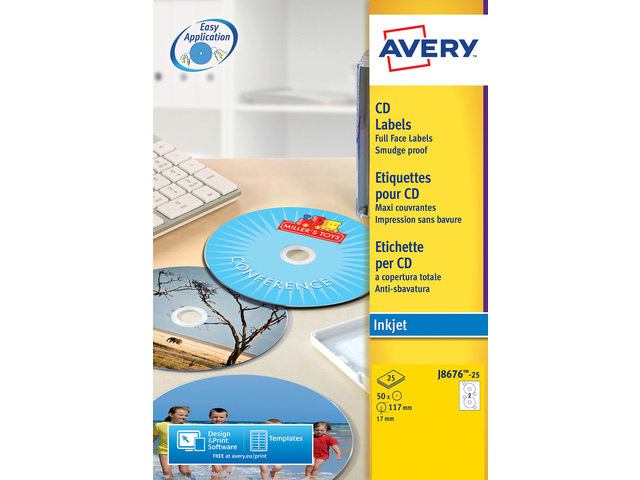CD etiket Avery 117mm fullsize wit doos 25 vel 2 et. per vel - AV-J8676-25