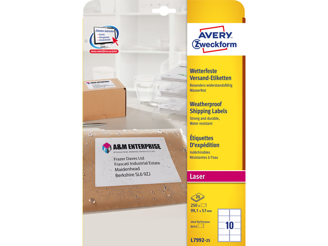 Laseretiket Avery 99,1x57mm wit doos 25 vel ultrasterk