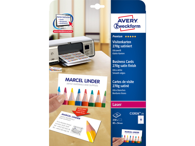 Visitekaartjes Avery 85x54mm 270gr wit mat inkjet doos 25 v