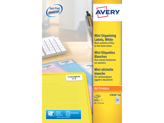 Laseretiket Avery 46x11,1mm wit doos 100 vel 84 et. per ve