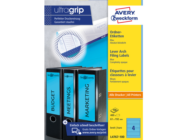Ordnerruget. Avery 192x61mm doos 100 vel 4 et. per vel bla