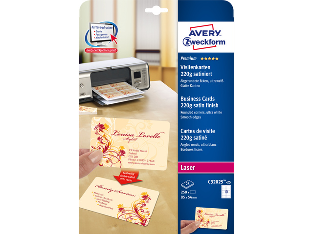 Visitekaartjes Avery 85x54mm 220gr wit mat inkjet doos 25 v