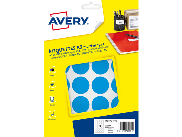 Etiket Avery A5 30mm rond blister 240st blauw