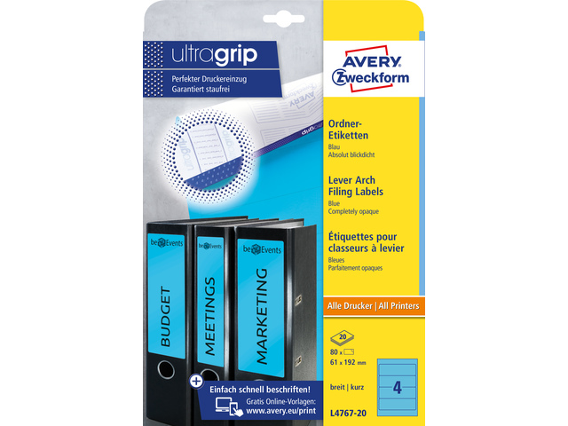 Ordnerruget. Avery 192x61mm doos 20 vel 4 et. per vel blau