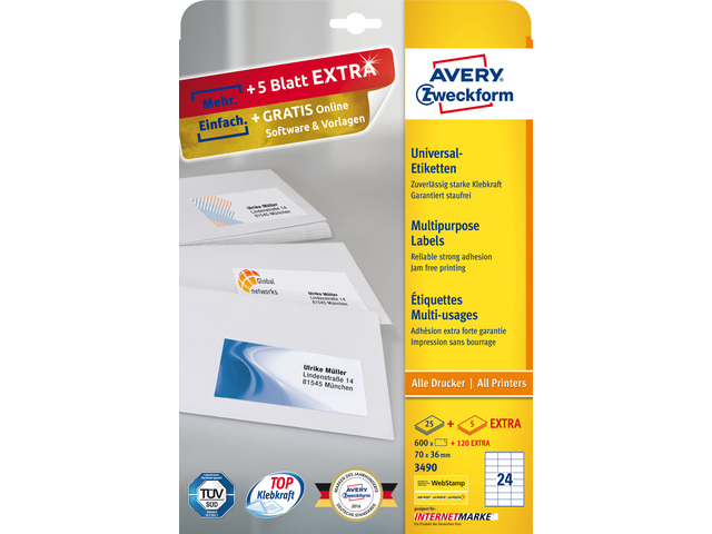 Etiket Avery ILK 70x36mm wit doos 25 vel +5 vel extra