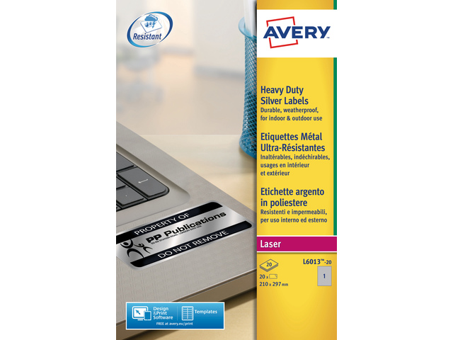 Laseretiket Avery 210x297mm zilver doos 20 vel 1 etiket pe