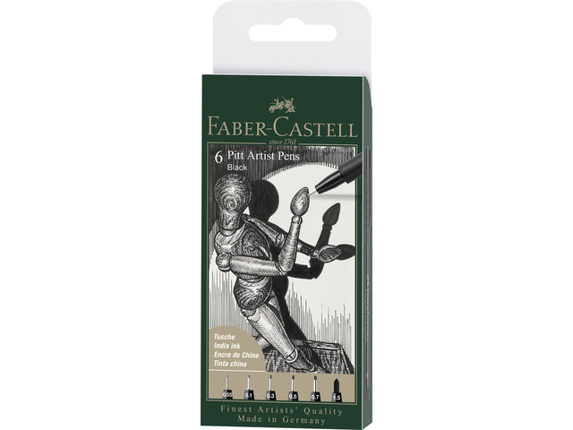 Tekenstift Faber-Castell Pitt Artist Pen etui 6 stuks 199 zwart lijndiktes XXS, XS, S, F, M,