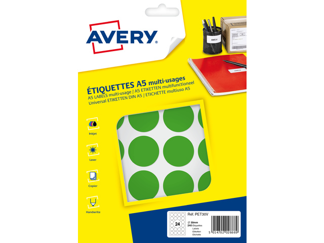 Etiket Avery A5 30mm rond blister 240st groen