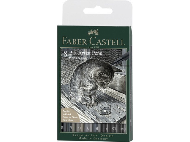 Tekenstift Faber-Castell Pitt Artist Pen etui 8 stuks zwart en grijs assorti