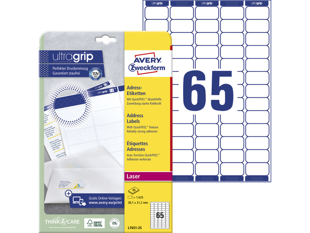 Laseretiket Avery 38,1x21,2mm wit doos 25 vel 65 et. per vel