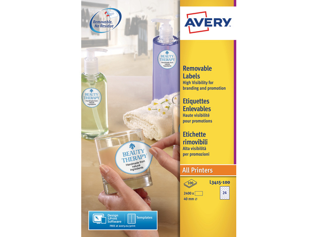 Etiket Avery 40mm rond wit doos 100 vel 24 et. per vel