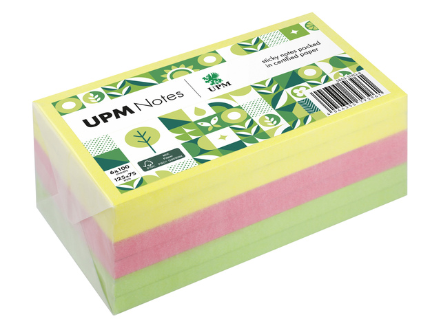UPM notes 125x75 ass. kleur pak 6x100vel geel, roze, groen