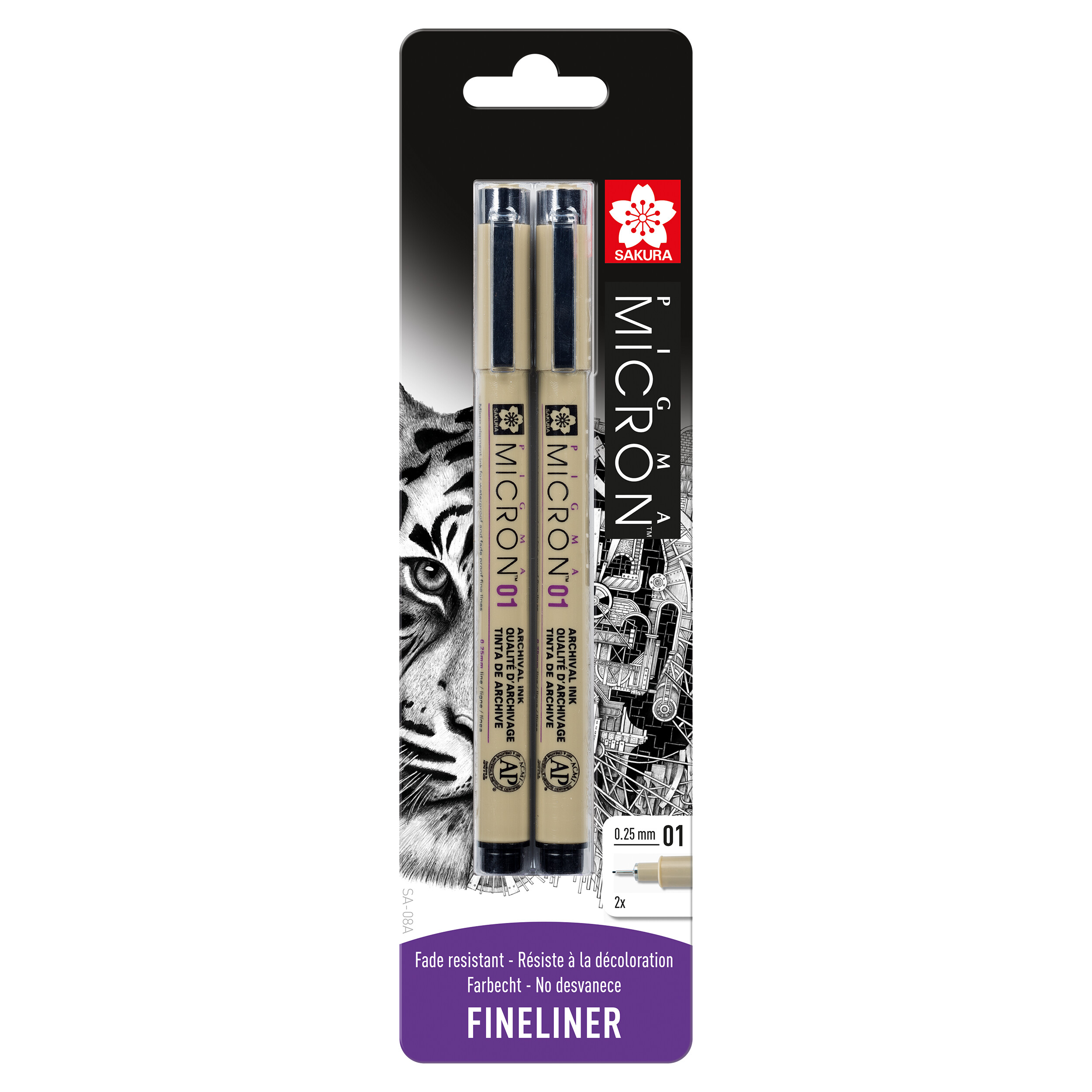 Sakura Blisterkaart Pigma Micron 01 0,25 mm Zwart, 2 stuks
