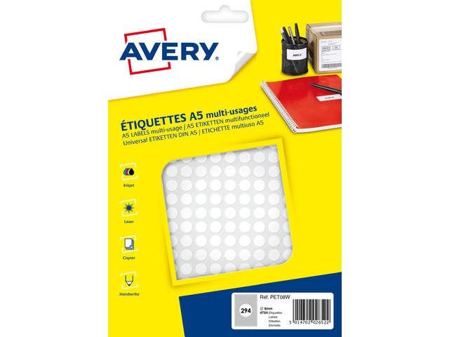Etiket Avery A5 8mm rond blister 2940st wit