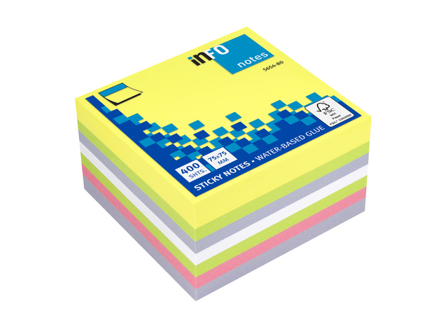 Info notes 75x75mm, 400 blaadjes, 5 kleuren, FSC