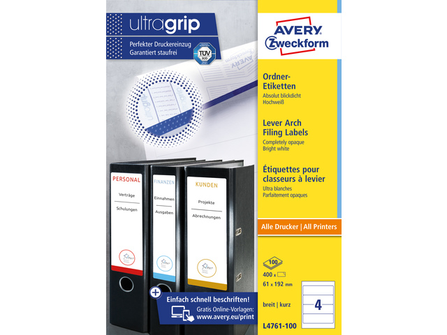 Ordnerruget. Avery 192x61mm doos 100 vel 4 et. per vel wit