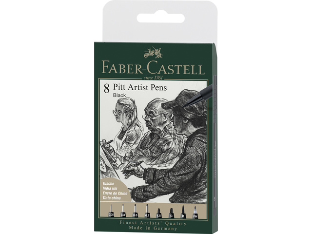 Tekenstift Faber-Castell Pitt Artist Pen etui 8 stuks 199 zwart lijndiktes XXS, S, F, M, B, C, 1.5, FH
