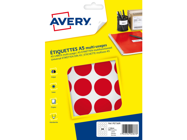 Etiket Avery A5 30mm rond blister 240st rood