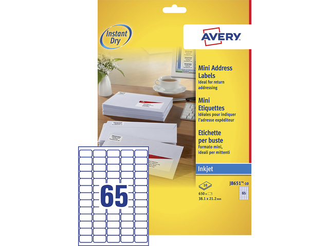 Inkjetetiket Avery 38,1x21,2mm wit doos 10 vel 65 et. per vel