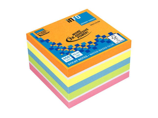 PowerNotes Info Notes 75x75mm ass. felle kleuren blok a 450