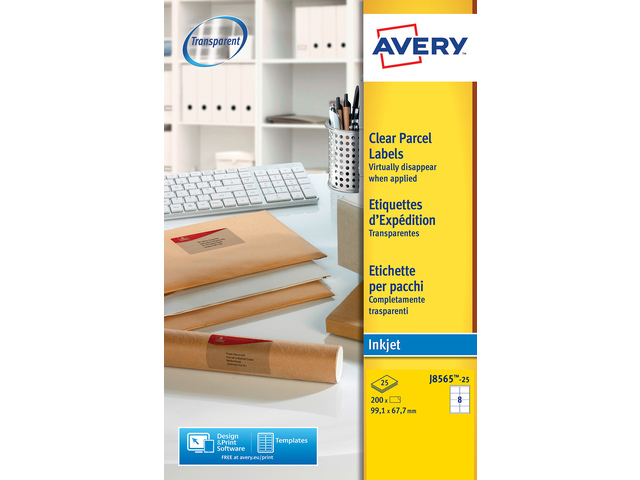 Adresetiket Avery 99,1x67,7mm transp. doos 25 vel 8 et. per