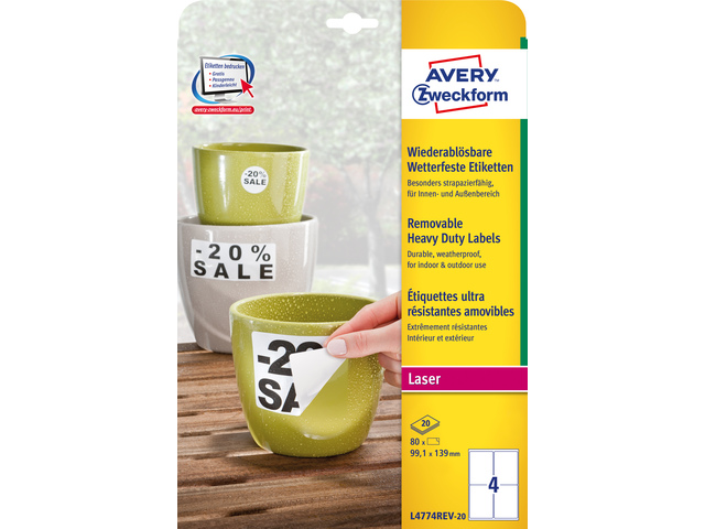 Weerbest.etiket Avery NP 99,1 x139mm doos 20 vel 4 etiket pe