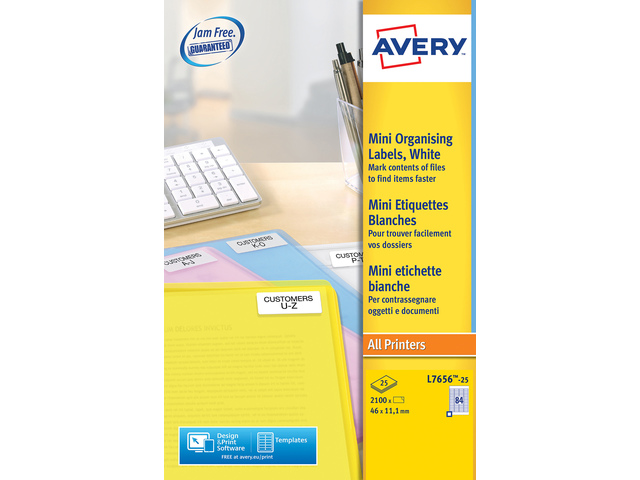 Laseretiket Avery 46x11,1mm wit doos 25 vel 84 et. per vel
