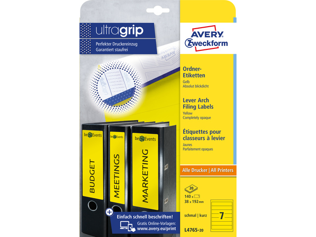 Ordnerruget. Avery 192x38mm doos 20 vel 7 et. per vel geel