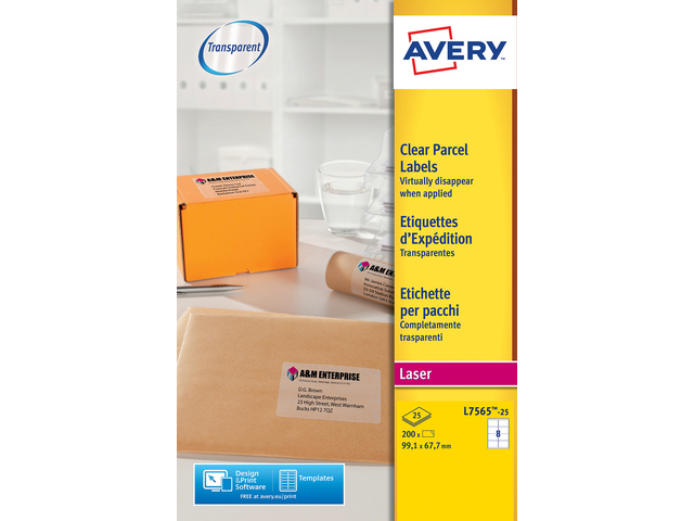 Laseretiket Avery 99,1x67,7mm transp. doos 25 vel 8 et. per