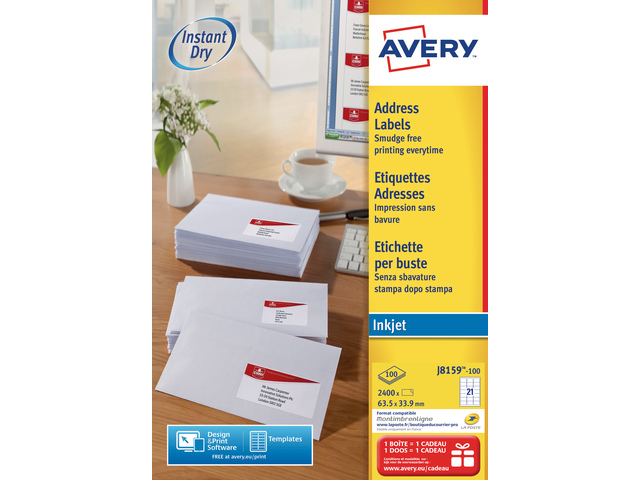 Inkjetetiket Avery 63,5x33,9mm wit doos 100 vel 24 et. per ve