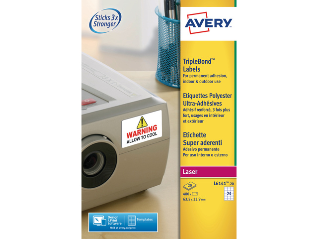 Laseretiket Avery 63,5x33,9mm wit doos 20 vel 24 et. per vel
