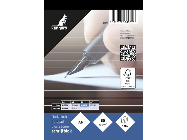 Schrijfblok Kangaro A6 lijn 60grs 100 blad