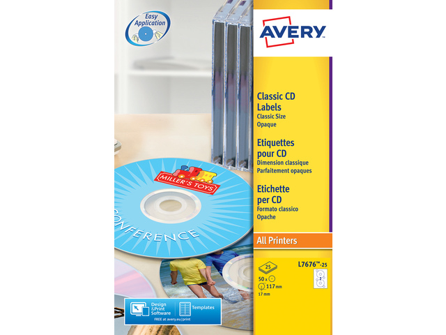CD etiket Avery 117mm fullsize wit doos 25 vel 2 et. per vel - AV-L7676-25