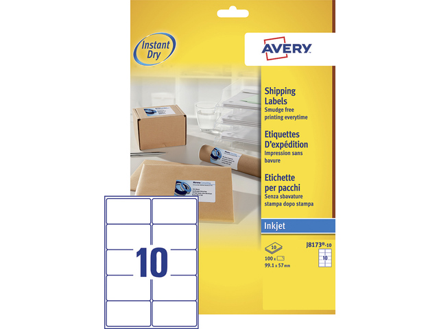 Inkjetetiket Avery 99,1x57mm wit doos 10 vel 10 et. per vel