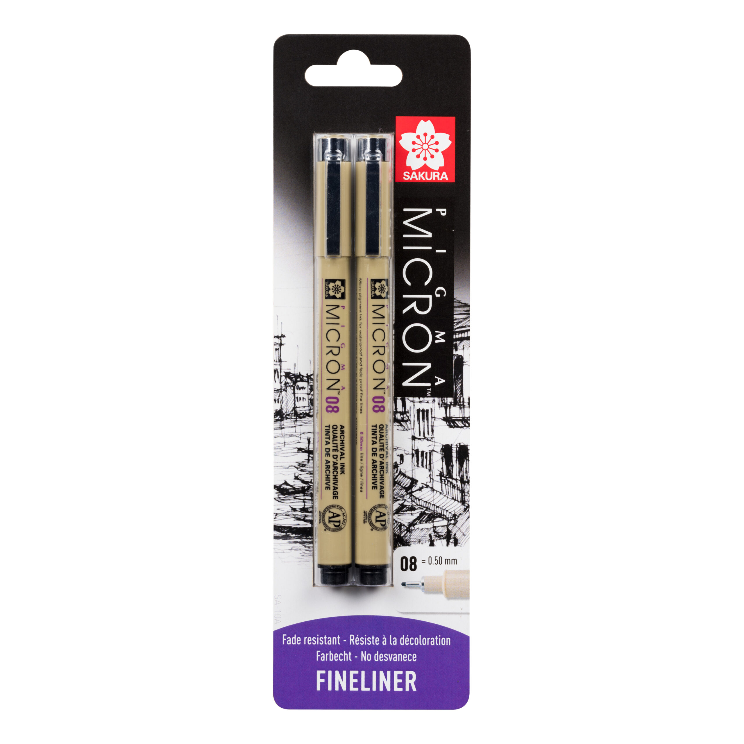 Sakura Blisterkaart Pigma Micron 08 0,50 mm Zwart, 2 stuks
