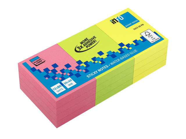 PowerNotes Info Notes 50x40mm ass. felle kleuren pak 12 blok