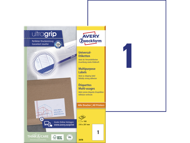 Etiket Avery ILK 210x297mm wit doos 100 vel 1 etiket per vel