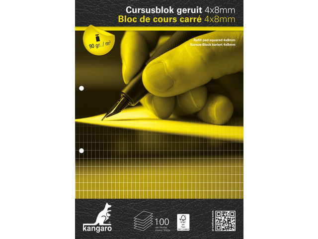Cursusblok Kangaro A4 ruit 4x8mm, 90grs 100 vel