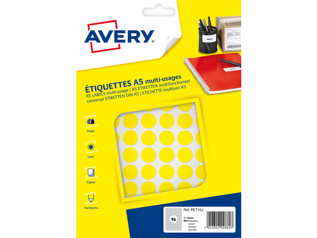 Etiket Avery A5 15mm rond blister 960st geel