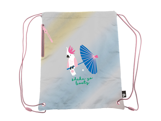 Gym- en zwemtas zilverkleurig Met kaketoe op parasol 38x43,5