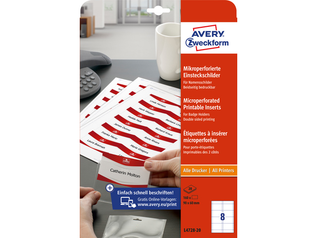 Badge insteekkaart Avery 60x 90mm wit doos 20 vel