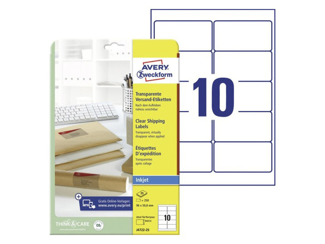 Inkjetetiket Avery 96x50,8mm transp. doos 25 vel 10 et. per