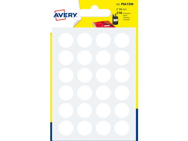 Etiket Avery 15mm rond blister 216 st wit