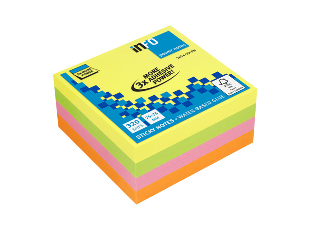 PowerNotes Info Notes 75x75mm ass. felle kleuren blok a 320